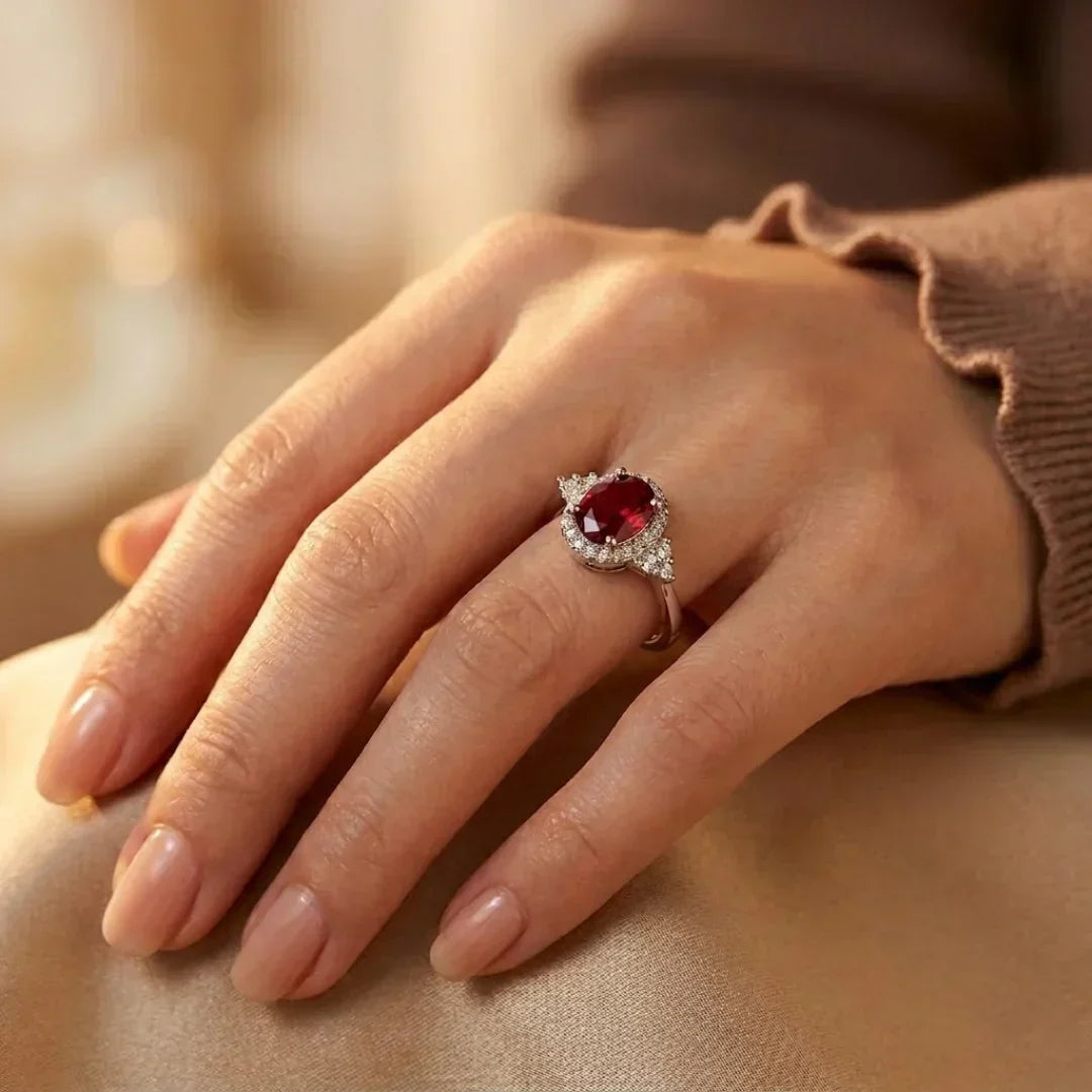 Bague Halo en argent ornée d'un rubis