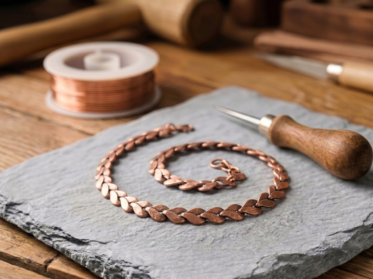 Collier en cuivre Bruyère de Rose - fond atelier artisan