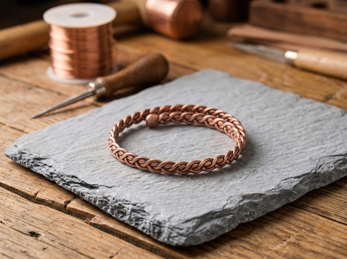 Bracelet de cheville en cuivre Aurore de Rose - fond atelier artisan