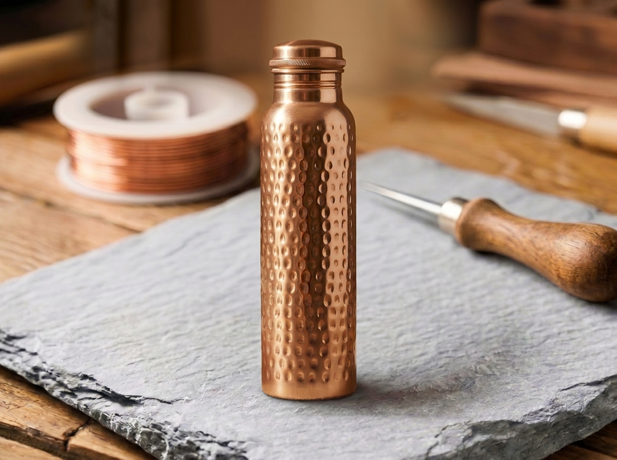 Bouteille en cuivre pur de Rose - fond atelier artisan