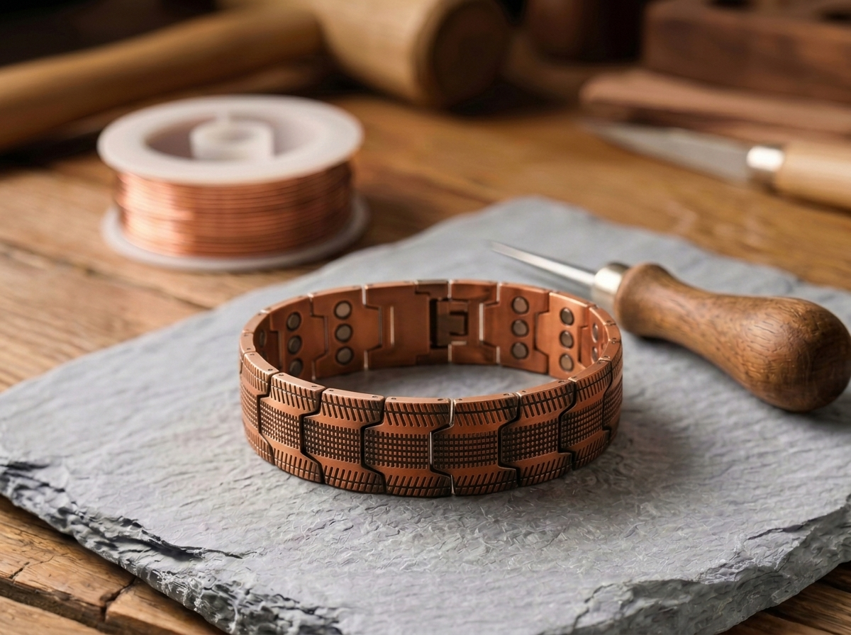 Bracelet en cuivre Crag de Rose - fond atelier artisan
