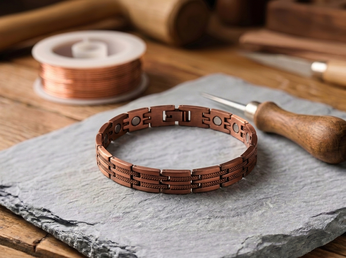 Bracelet en cuivre masculin Pic de Rose - fond atelier artisan