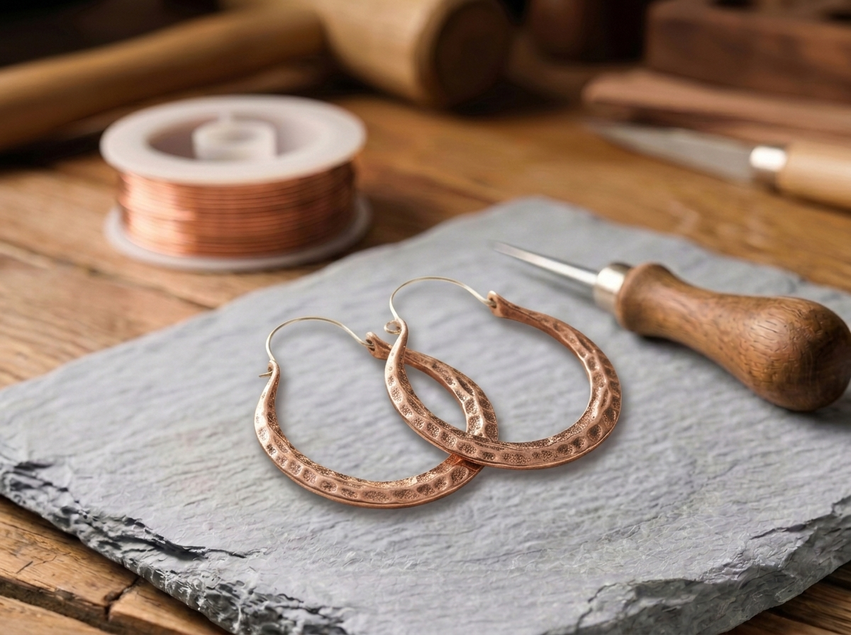 Boucles d'oreilles en cuivre Braise de Rose - fond atelier artisan