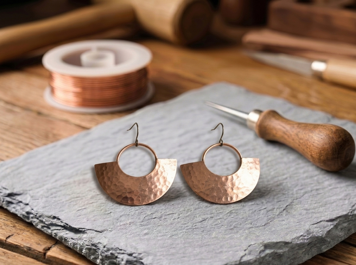 Créoles en cuivre Soleil de Rose - fond atelier artisan