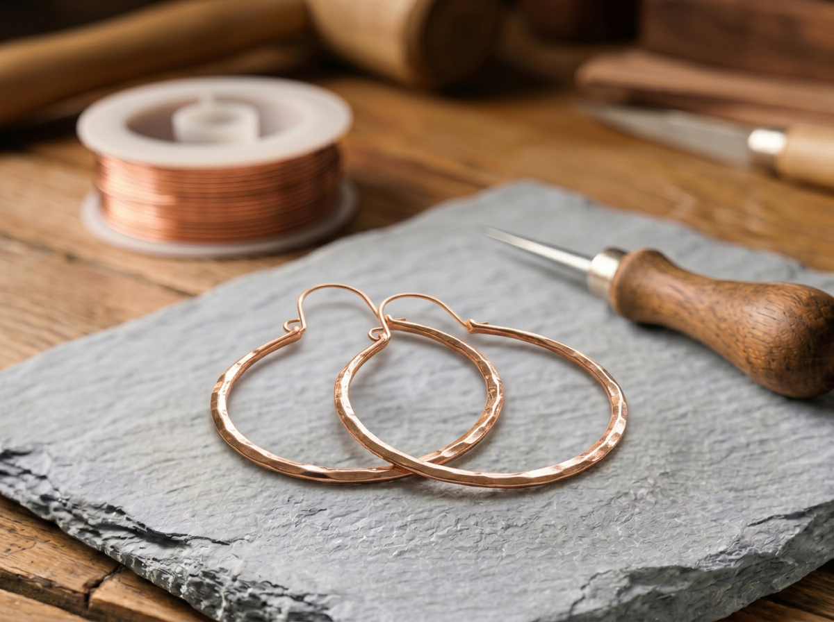 Boucles d'oreilles en cuivre Aube de Rose - fond atelier artisan
