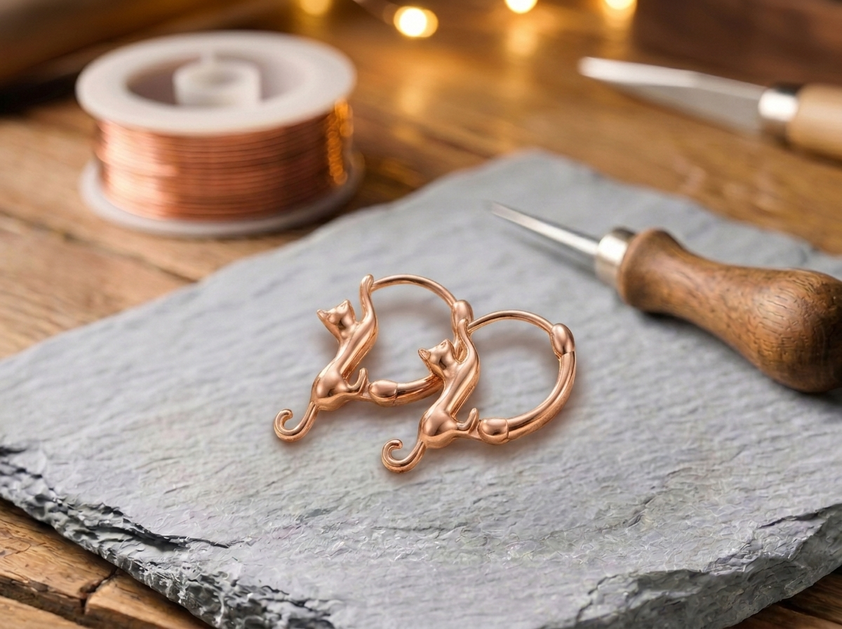 Boucles d'oreilles en cuivre Tourbillon de Rose - fond atelier artisan