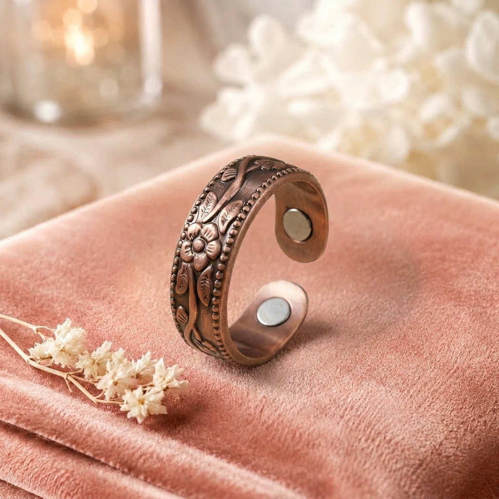 Bague en cuivre Rose Pétale - fond velours rose