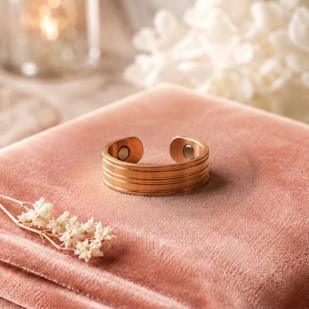Bague en cuivre Ardente de Rose - fond velours rose