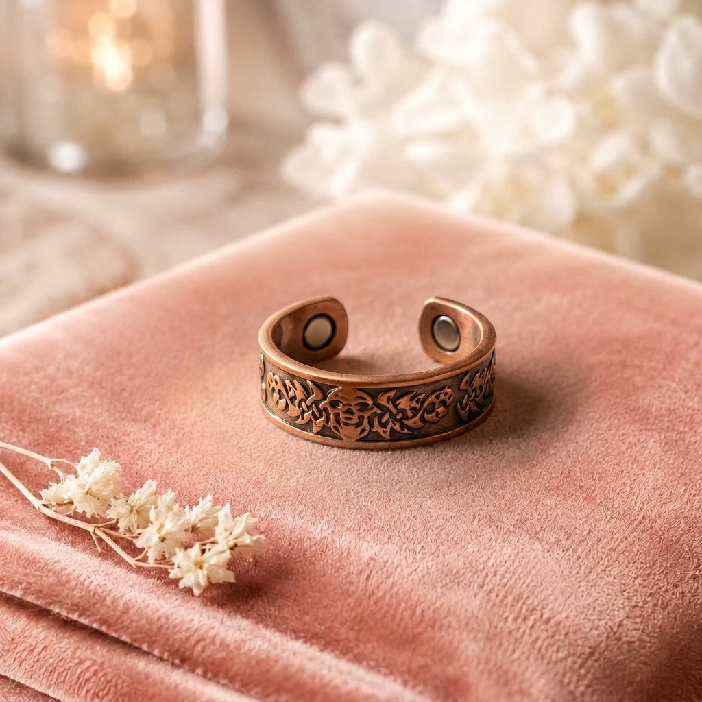 Bague en cuivre Flore de Rose - fond velours rose