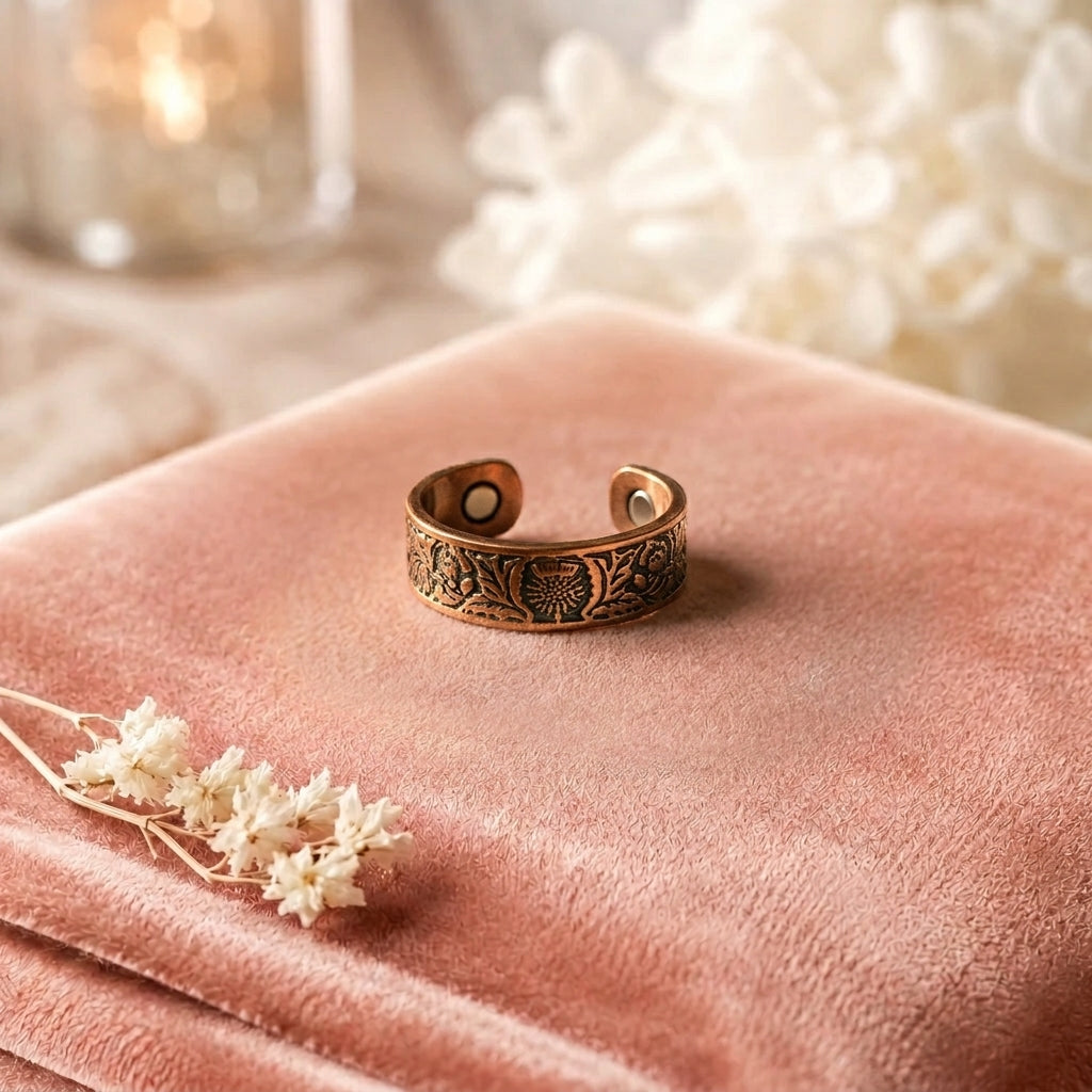 Bague en cuivre Lumière de Rose - fond velours rose