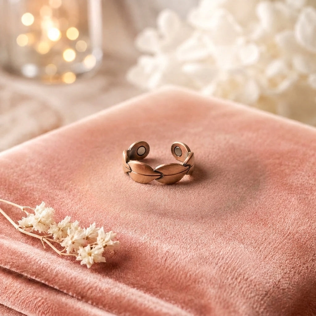 Bague en cuivre Éternelle de Rose - fond velours rose
