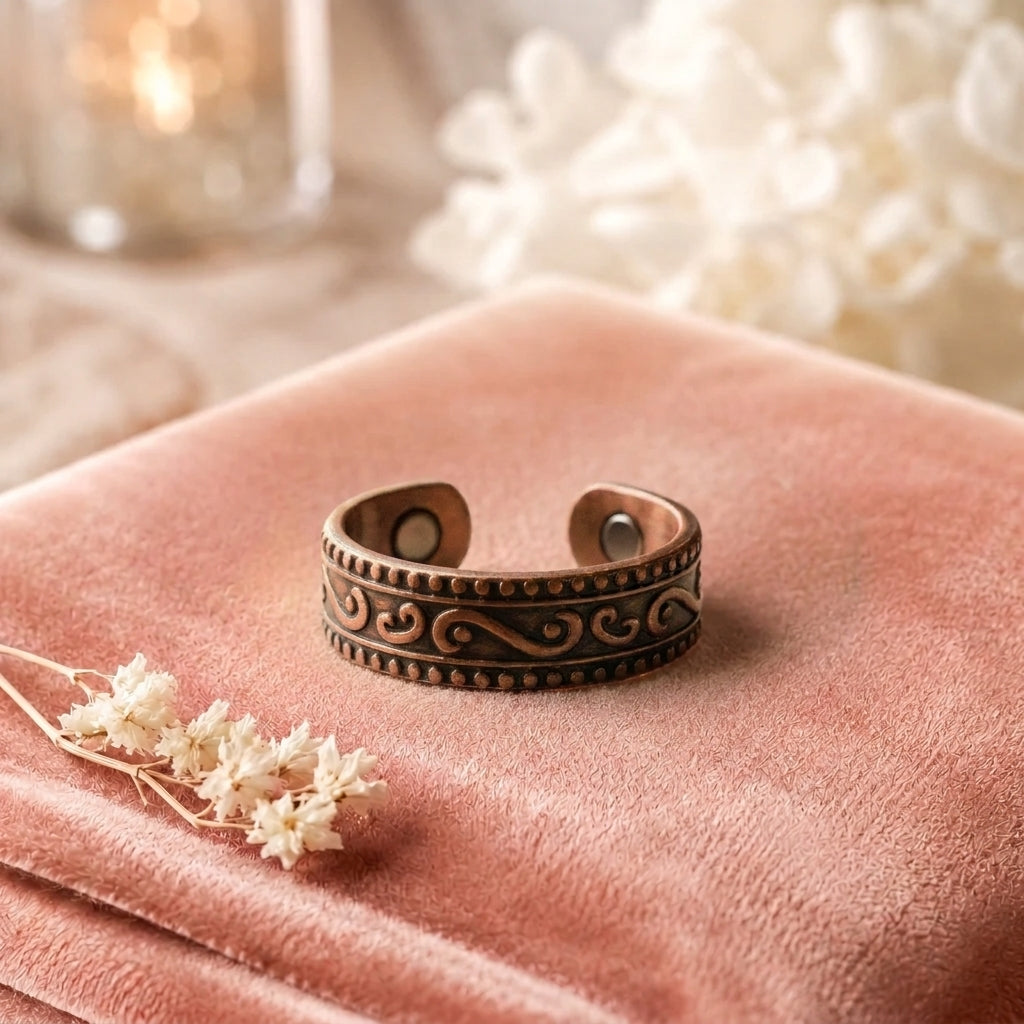 Bague en cuivre Fougère de Rose - fond velours rose
