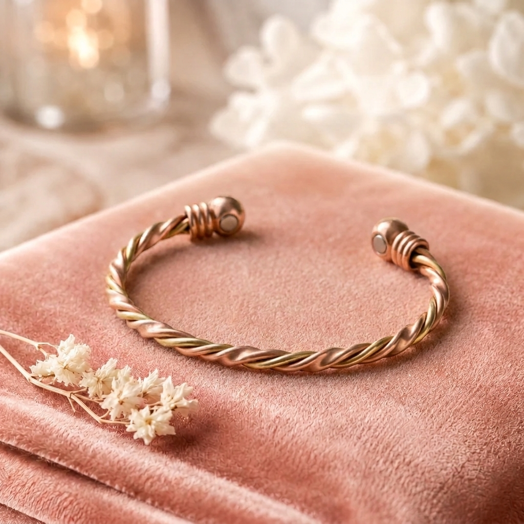 Bracelet en cuivre Rivière de Rose - fond velours rose