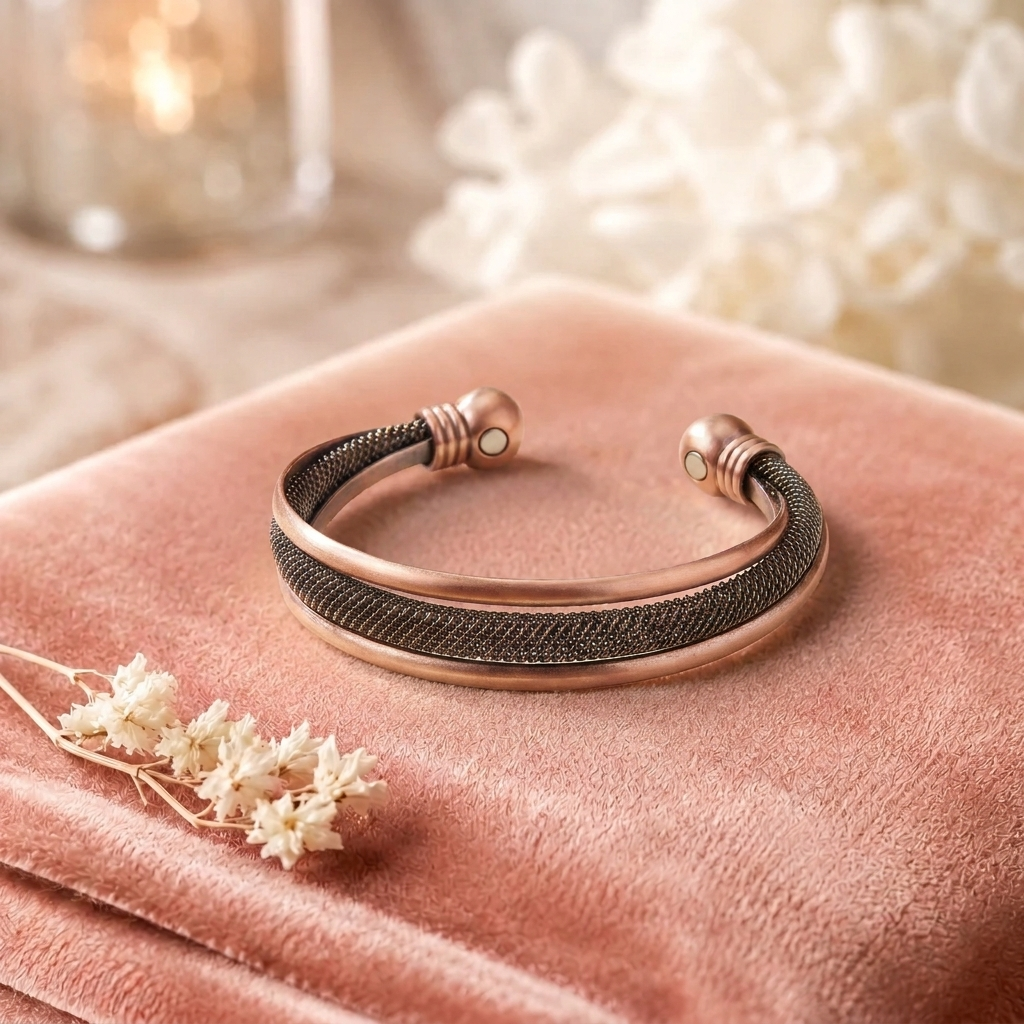 Bracelet en cuivre Cairn de Rose - fond velours rose