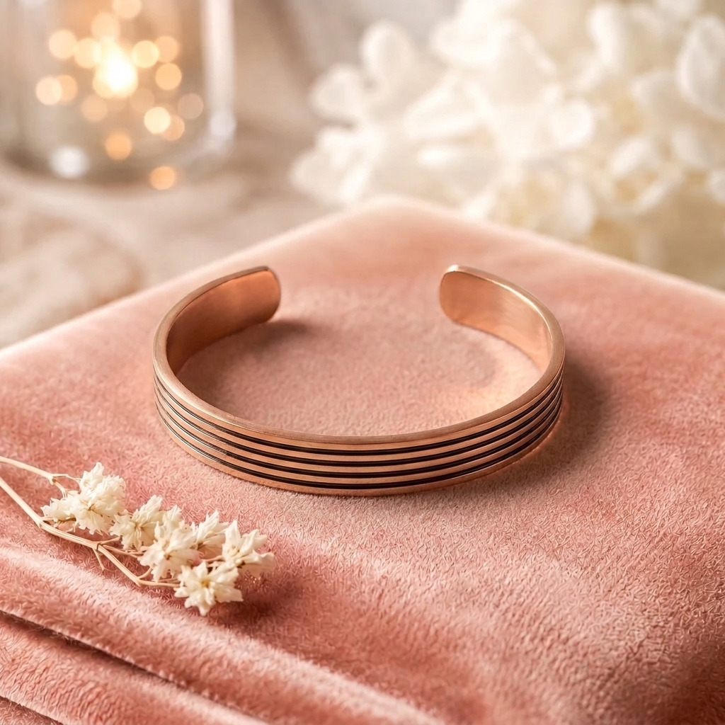 Bracelet en cuivre Sauge de Rose - fond velours rose