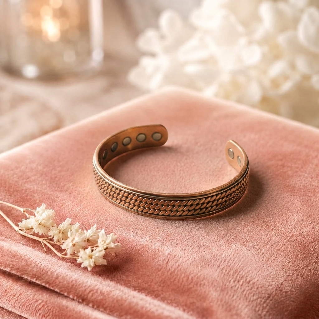 Bracelet en cuivre Marée de Rose - fond velours rose