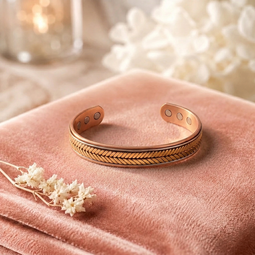 Bracelet en cuivre Moisson de Rose - fond velours rose