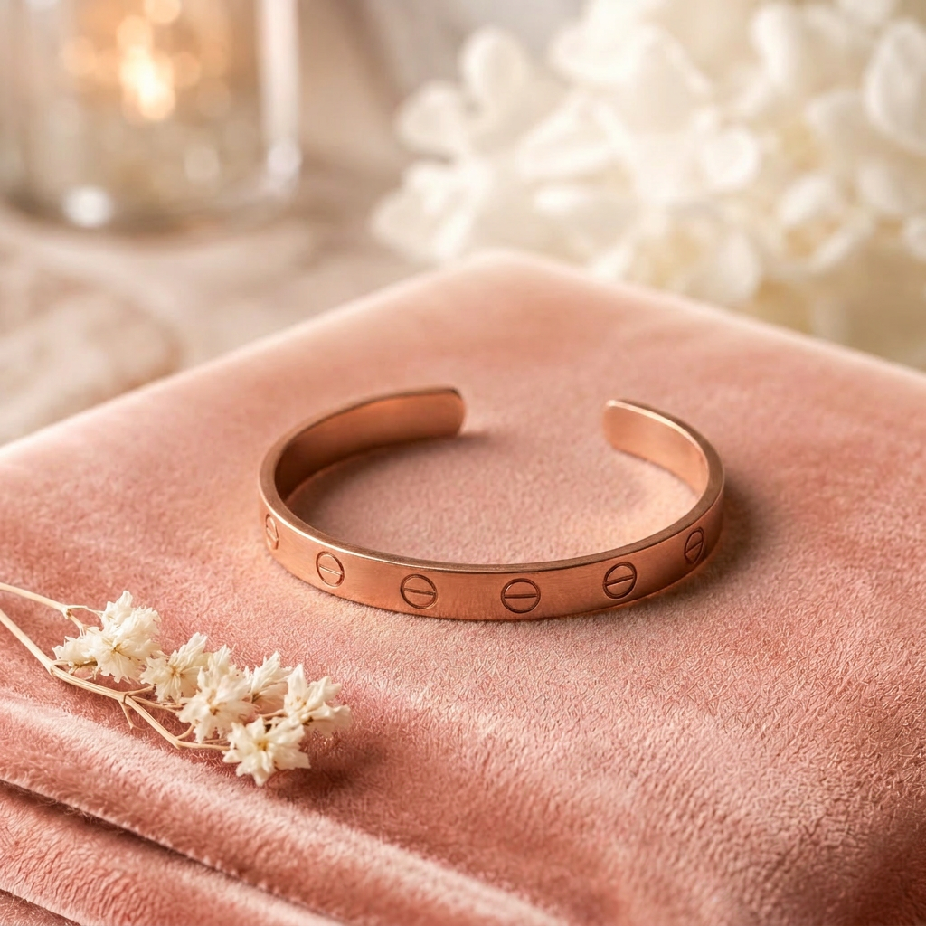 Bracelet en cuivre Foudre de Rose - fond velours rose