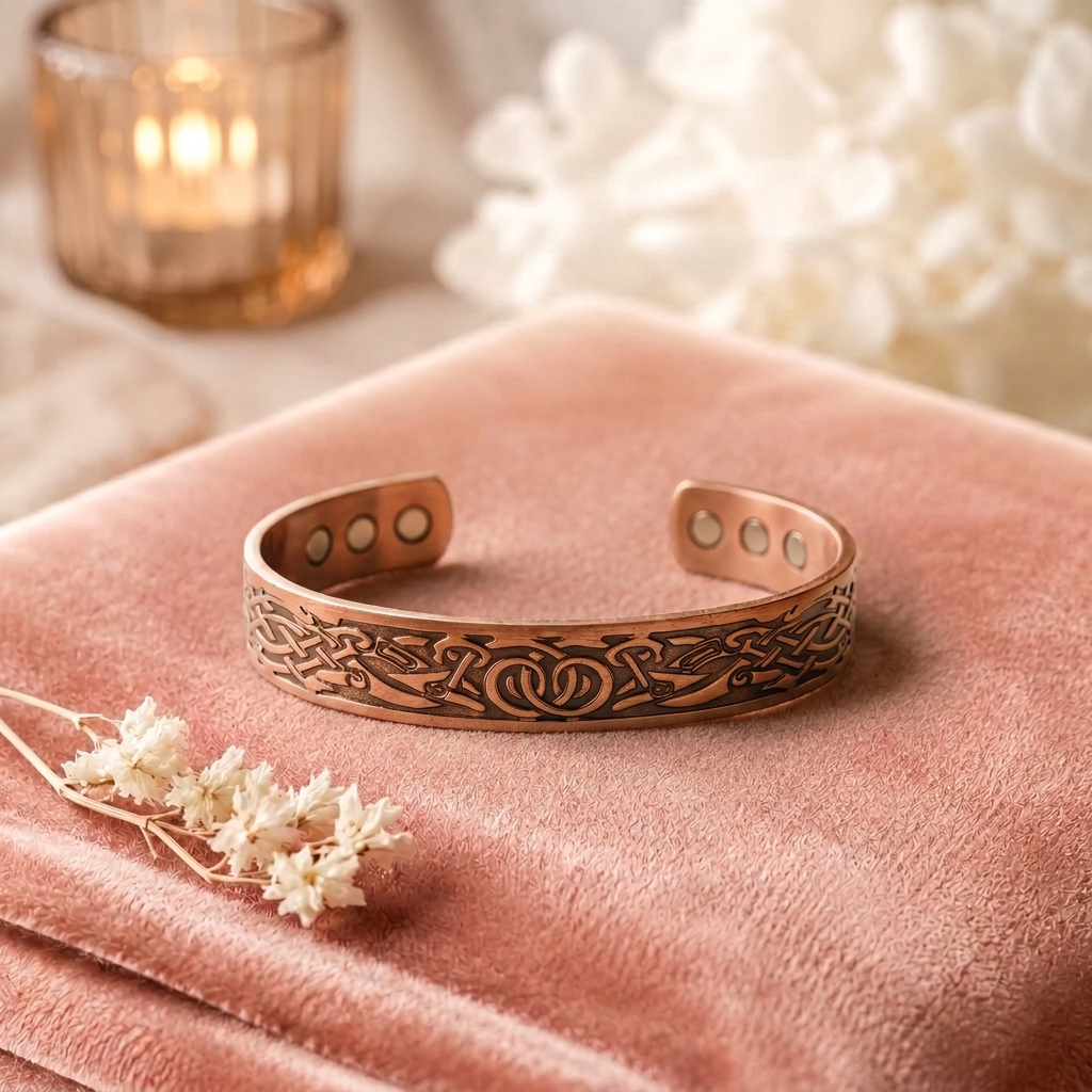 Bracelet en cuivre Mousse de Rose - fond velours rose