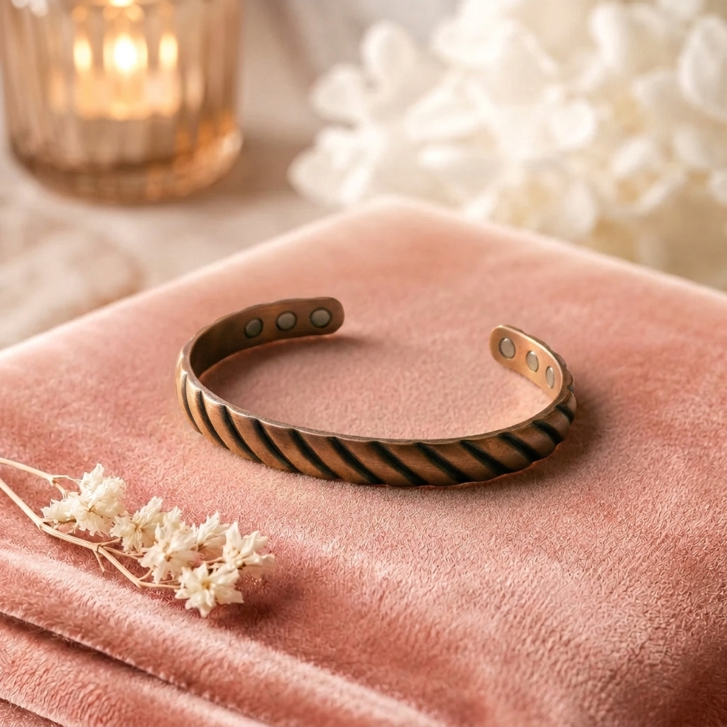 Bracelet en cuivre Épine de Rose - fond velours rose