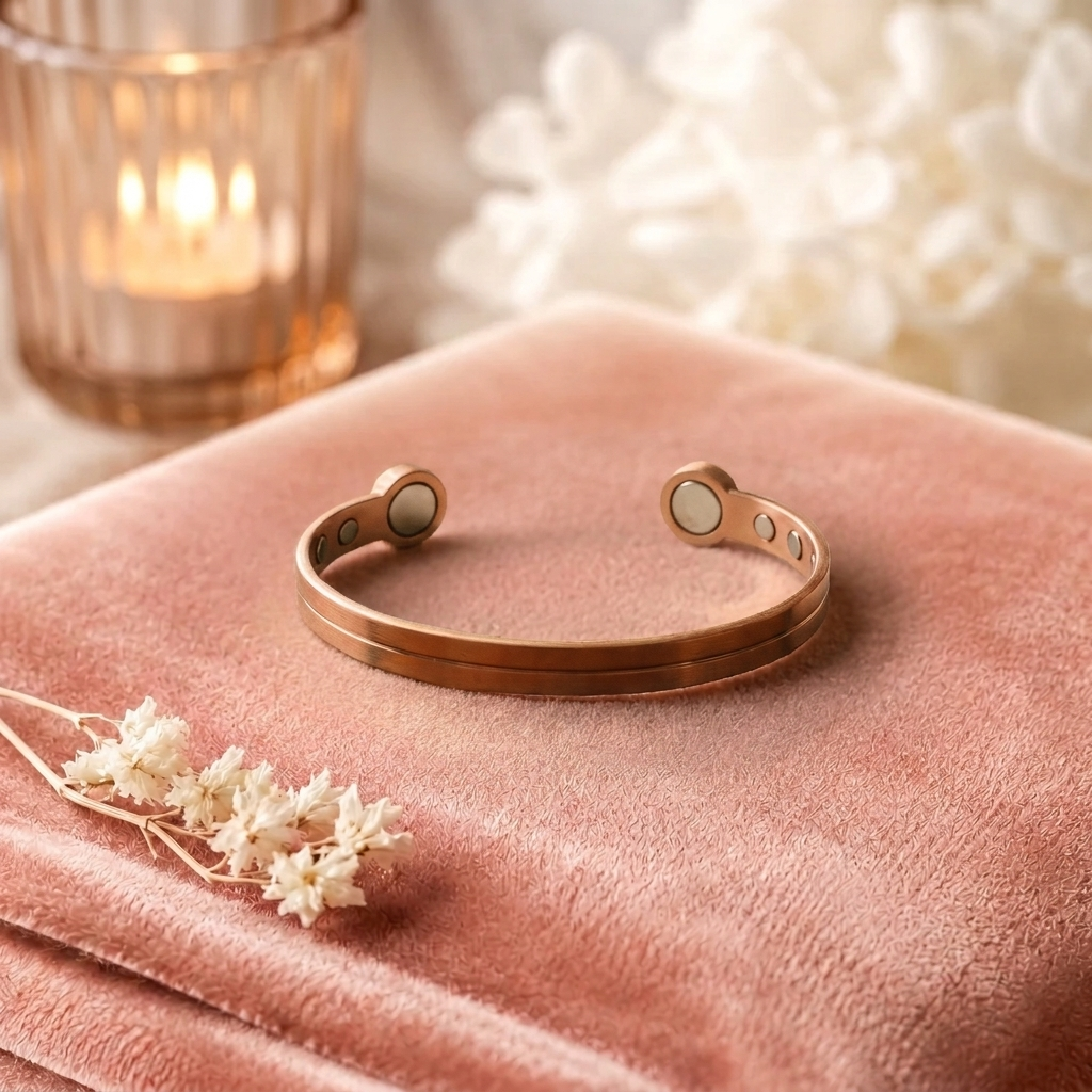 Bracelet en cuivre Terre Chaude de Rose - fond velours rose