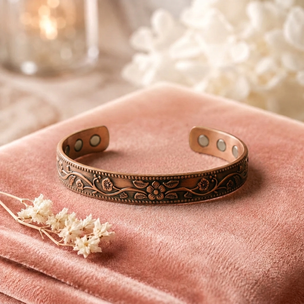 Bracelet en cuivre Chaleur de Rose - fond velours rose