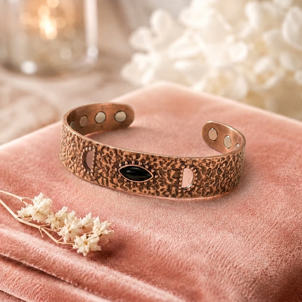 Bracelet en cuivre Brume Dorée de Rose - fond velours rose